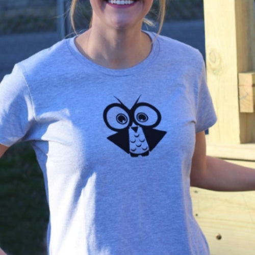 Cheerful Gear Whoo's Happy Women's Owl T-shirt on Female Model